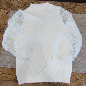 Sioni Milano Ribbed Lace Long Sleeve Mockneck Top Eggshell Size M NWT